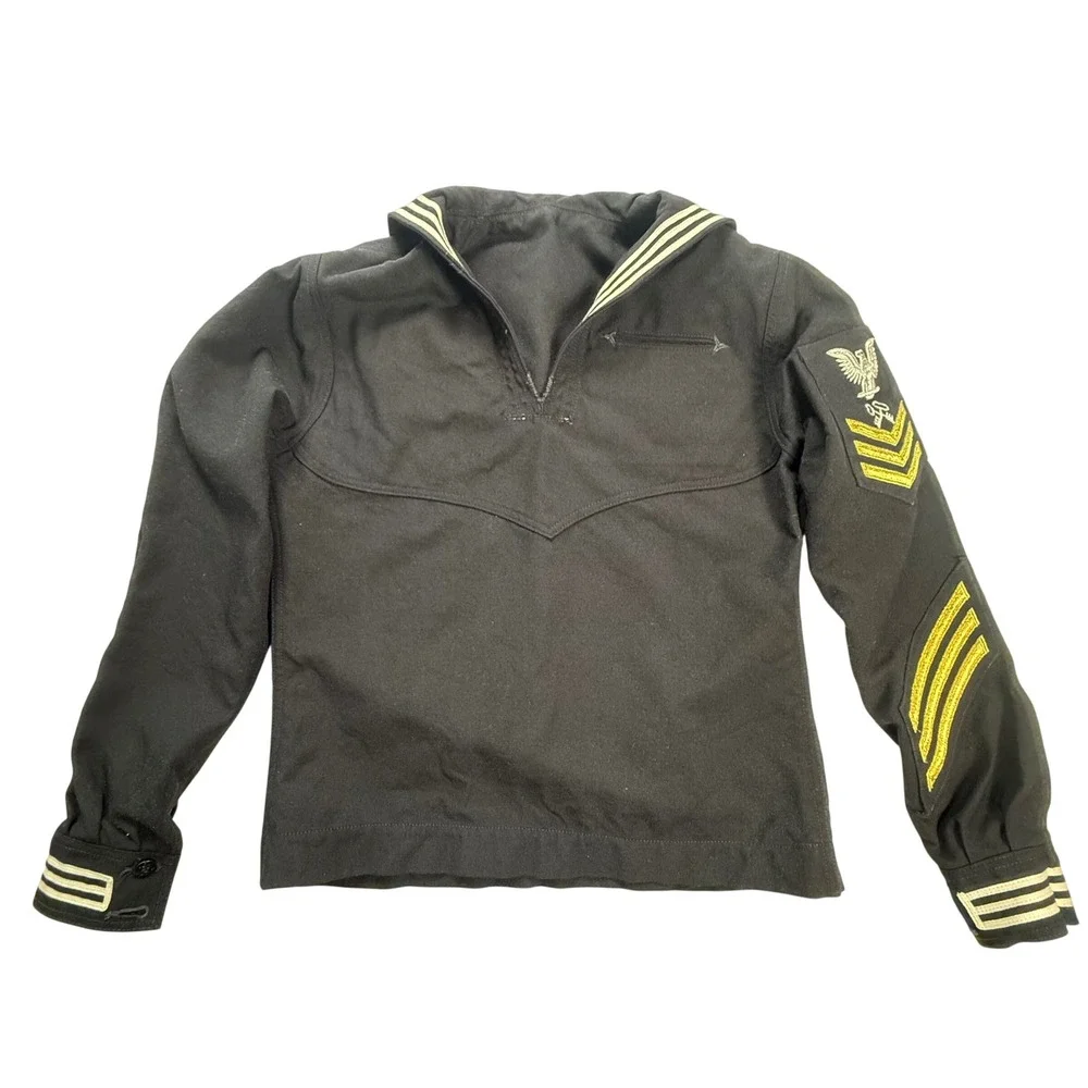 Vintage US Navy Black Wool Sailor Jumper Crackerjack Top Eagle Rating Badge‎ 38R